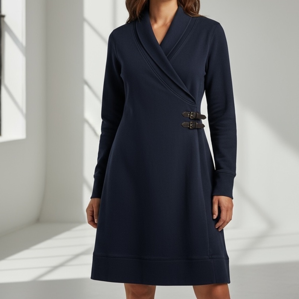 [M]LRL Lauren Ralph Lauren Navy Faux Wrap Neck A Shape Stretch Cotton Dress